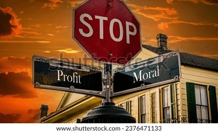 An image with a signpost pointing in two different directions in German. One direction points to morality, the other points to profit.