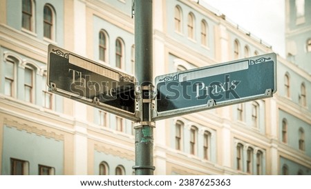 An image with a signpost pointing in two different directions in German. One direction points to practice, the other points to theory.