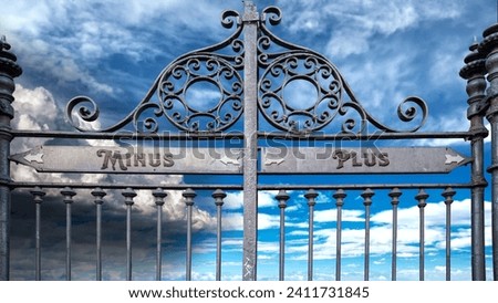 An image with a signpost pointing in two different directions in German. One direction points to plus, the other points to minus.