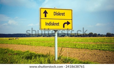 An image with a signpost pointing in two different directions in German. One direction points to Discreet, the other points to Indiscreet.