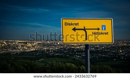 An image with a signpost pointing in two different directions in German. One direction points to Discreet, the other points to Indiscreet.