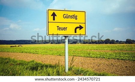 An image with a signpost pointing in two different directions in German. One direction points to Cheap, the other points to Expensive.