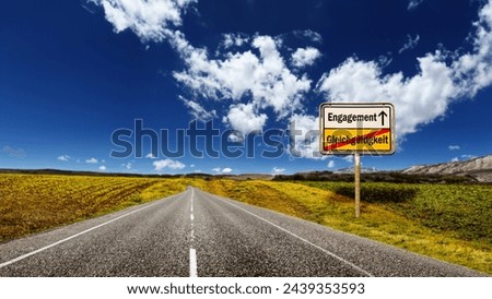An image with a signpost pointing in two different directions in German. One direction points to commitment, the other points to indifference.