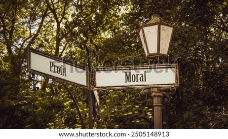 An image with a signpost pointing in two different directions in German. One direction points to morality, the other points to profit.