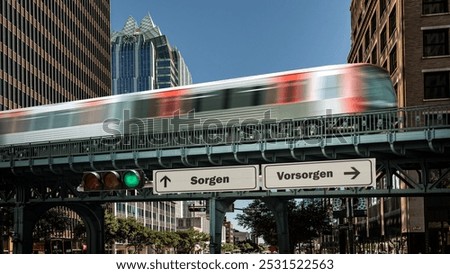 An image with a signpost pointing in two different directions in German. One direction points to precautions, the other points to worries.