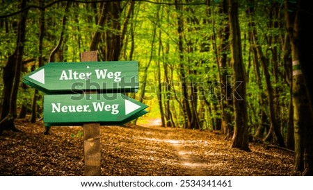 An image with a signpost pointing in two different directions in German. One direction points to New Path, the other points to Old Path.