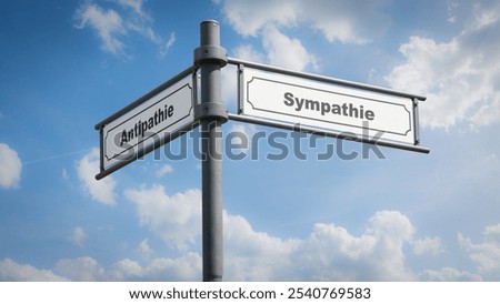 An image with a signpost pointing in two different directions in German. One direction points to sympathy, the other points to antipathy.