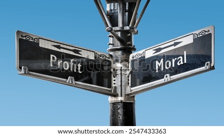 An image with a signpost pointing in two different directions in German. One direction points to morality, the other points to profit.