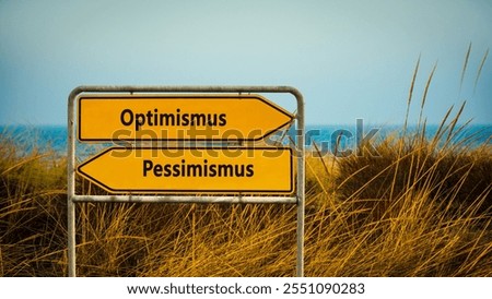 An image with a signpost pointing in two different directions in German. One direction points to optimism, the other points to pessimism.