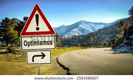 An image with a signpost pointing in two different directions in German. One direction points to optimism, the other points to pessimism.
