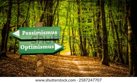 An image with a signpost pointing in two different directions in German. One direction points to optimism, the other points to pessimism.
