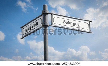 An image with a signpost pointing in two different directions in German. One direction points to Very Good, the other points to Poor.