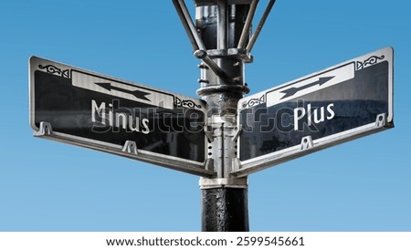 An image with a signpost pointing in two different directions in German. One direction points to plus, the other points to minus.
