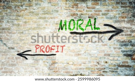 An image with a signpost pointing in two different directions in German. One direction points to morality, the other points to profit.