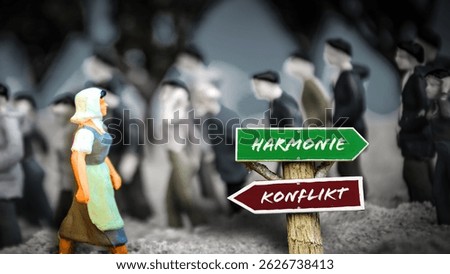 An image with a signpost pointing in two different directions in German. One direction points to harmony, the other points to conflict.