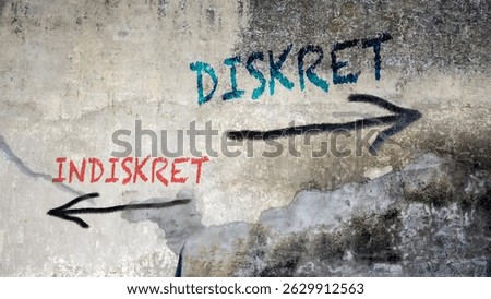 An image with a signpost pointing in two different directions in German. One direction points to Discreet, the other points to Indiscreet.