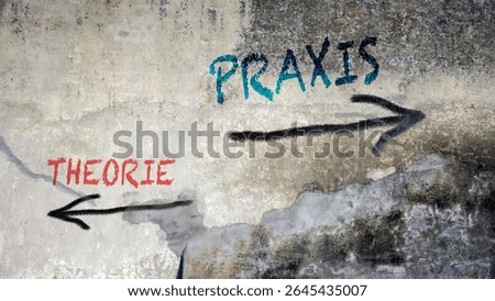 An image with a signpost pointing in two different directions in German. One direction points to practice, the other points to theory.