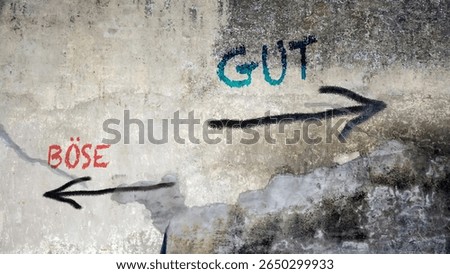 An image with a signpost pointing in two different directions in German. One direction points to good, the other points to evil.