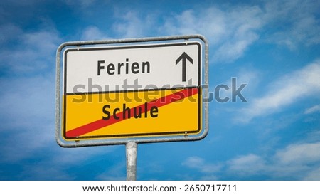 An image with a signpost pointing in two different directions in German. One direction points to holidays, the other points to school.