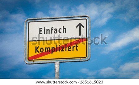 An image with a signpost pointing in two different directions in German. One direction points to Simple, the other points to Complicated.