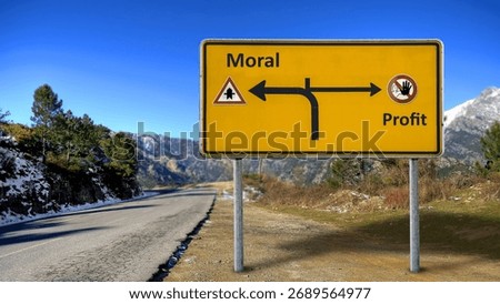 An image with a signpost pointing in two different directions in German. One direction points to morality, the other points to profit.