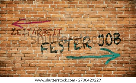 An image with a signpost pointing in two different directions in German. One direction points to permanent job, the other points to temporary work.