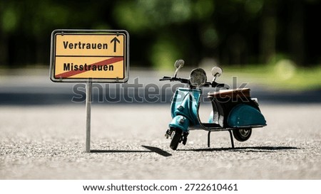 An image with a signpost pointing in two different directions in German. One direction points to trust, the other points to mistrust.