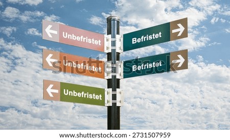 An image with a signpost pointing in two different directions in German. One direction points to Perpetual, the other points to Temporary.