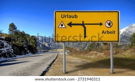 An image with a signpost pointing in two different directions in German. One direction points to vacation, the other points to work.