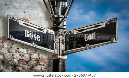 An image with a signpost pointing in two different directions in German. One direction points to good, the other points to evil.