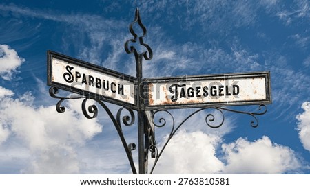 An image with a signpost pointing in two different directions in German. One direction points to call money, the other points to savings account.