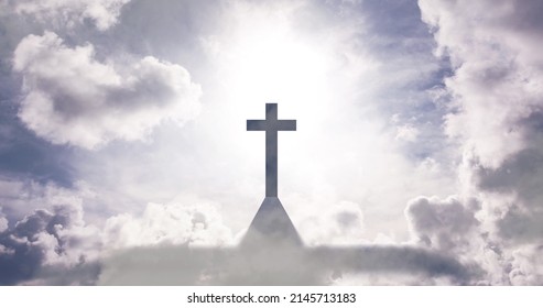 Image of silhouette of Christian cross over clouds moving in fast motion against sky in the background. Easter religion faith concept digitally generated image. 4k