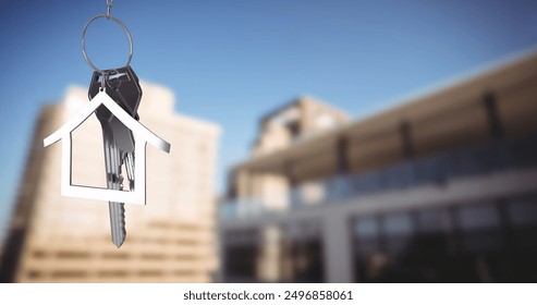 Image of silver house key over cityscape. Property, home, real estate, ownership and connections concept digitally generated image. - Powered by Shutterstock