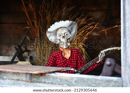 An image of a skeleton display set up for an outdoor Halloween event. 