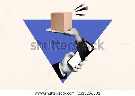 Image sketch artwork collage of man use phone make online order delivery hold carton box isolated on white color background