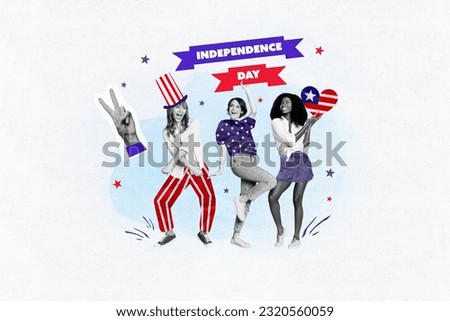 Image sketch minimal collage of three positive happy ladies celebrate holiday dressed patriotic usa clothes isolated on painted background