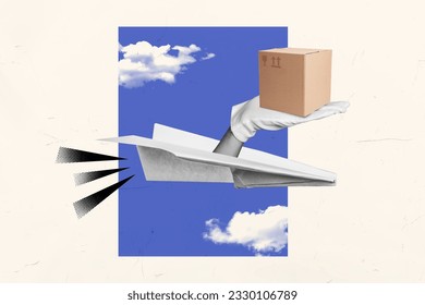 Image sketch picture collage of paper plane delivering supply belongings export goods abroad isolated on white color background