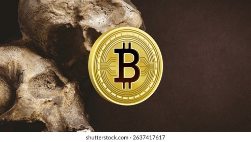Image of skull and bitcoin over black background. Global business and digital interface concept digitally generated image.