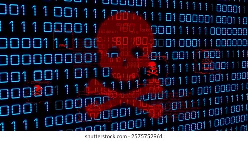 Image of skull and bones, binary coding and data processing. Global cyber security, connections, cloud computing and data processing concept digitally generated image.
