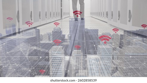 Image of skyscrapers with wifi symbols and caucasian man working in a server room. digital interface global connections concept digitally generated image.