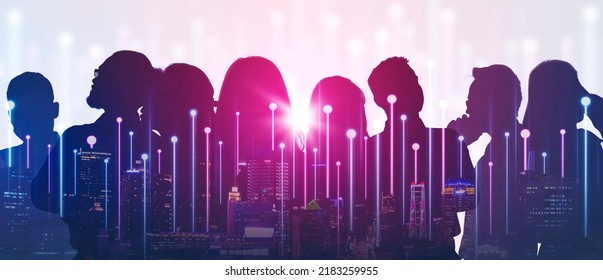 Image of smart city with double exposure of confident business people background