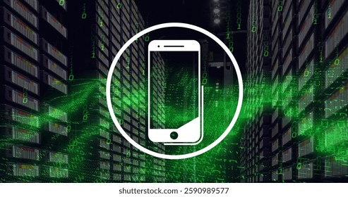 Image of smartphone icon and digital data processing over computer servers. Global connections, computing and data processing concept digitally generated image.