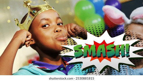 Image of the Smash! text written over cartoon retro speech bubble with boy wearing crown at birthday party sticking his tongue out. Vintage comic concept digital composite. - Powered by Shutterstock