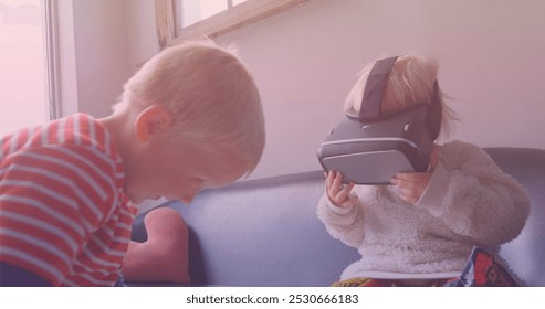 Image of smiling caucasian siblings playing with vr headset. national siblings day and celebration concept digitally generated image. - Powered by Shutterstock