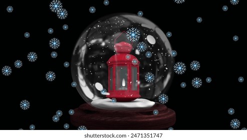 Image of snow flakes falling over christmas lamp in a snow globe against black background. Christmas festivity and celebration concept - Powered by Shutterstock