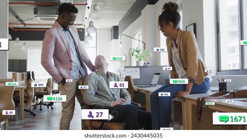 Image of social media data processing over diverse business people in office. Global business, finances, computing and data processing concept digitally generated image.