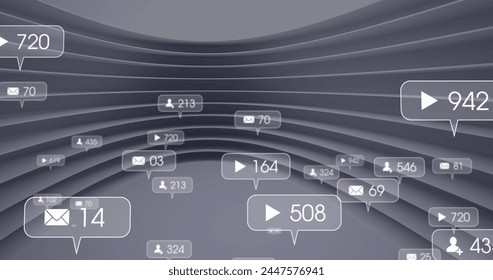 Image of social media data processing over abstract pattern. Global social media, connections, computing and data processing concept digitally generated image.