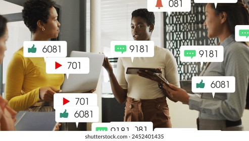 Image of social media data processing over diverse business people in office. Global business, finances, computing and data processing concept digitally generated image.