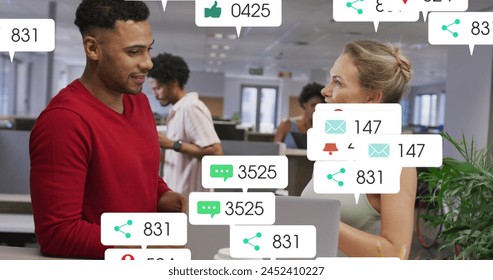 Image of social media data processing over diverse business people in office. Global business, finances, computing and data processing concept digitally generated image.