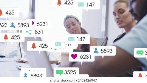 Image of social media data processing over diverse business people in office. Global business, finances, computing and data processing concept digitally generated image.